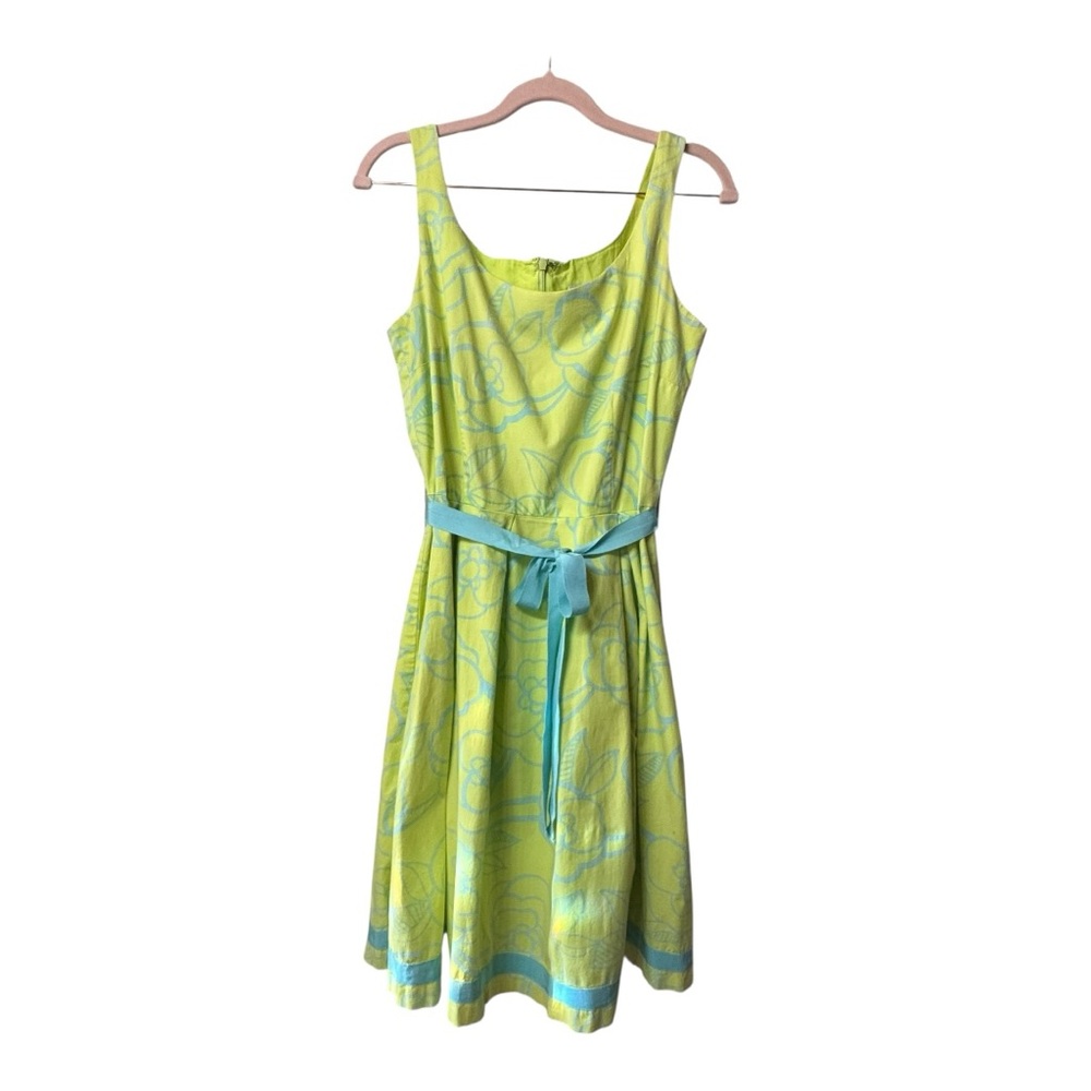 GARNET HILL Lime Green and Blue Floral Pattern 97% Cotton Dress Size 8